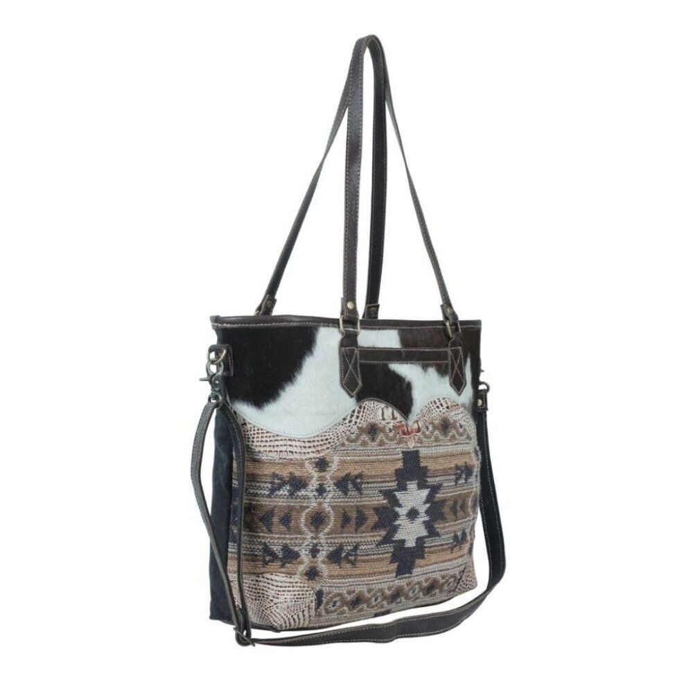 Myra Bag Handmade Panacea Tote Bag Upcycled Canvas & Cowhide Leather - Picture 3 of 9